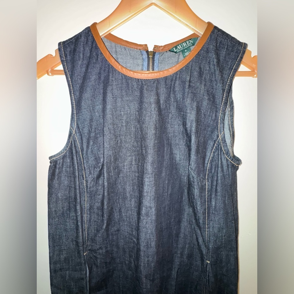 Lauren Ralph Lauren Dark Blue Denim Leather Trim Sleeveless Sheath Dress Size 8 - Picture 3 of 8